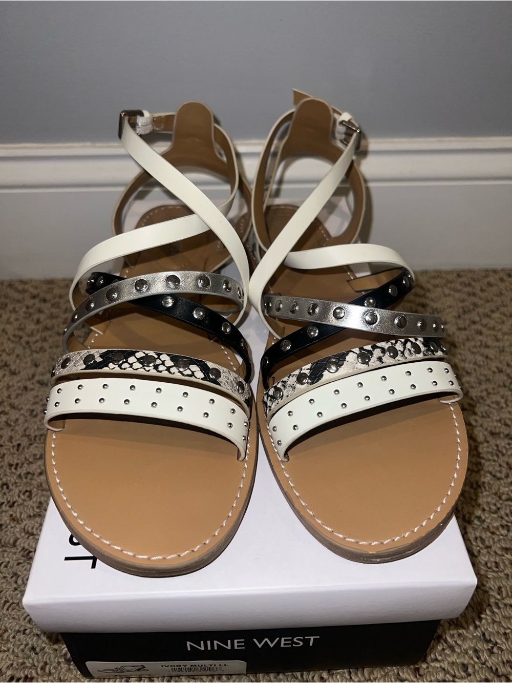 Nine West White, Black & Silver Studded Multi-Strap Sandals